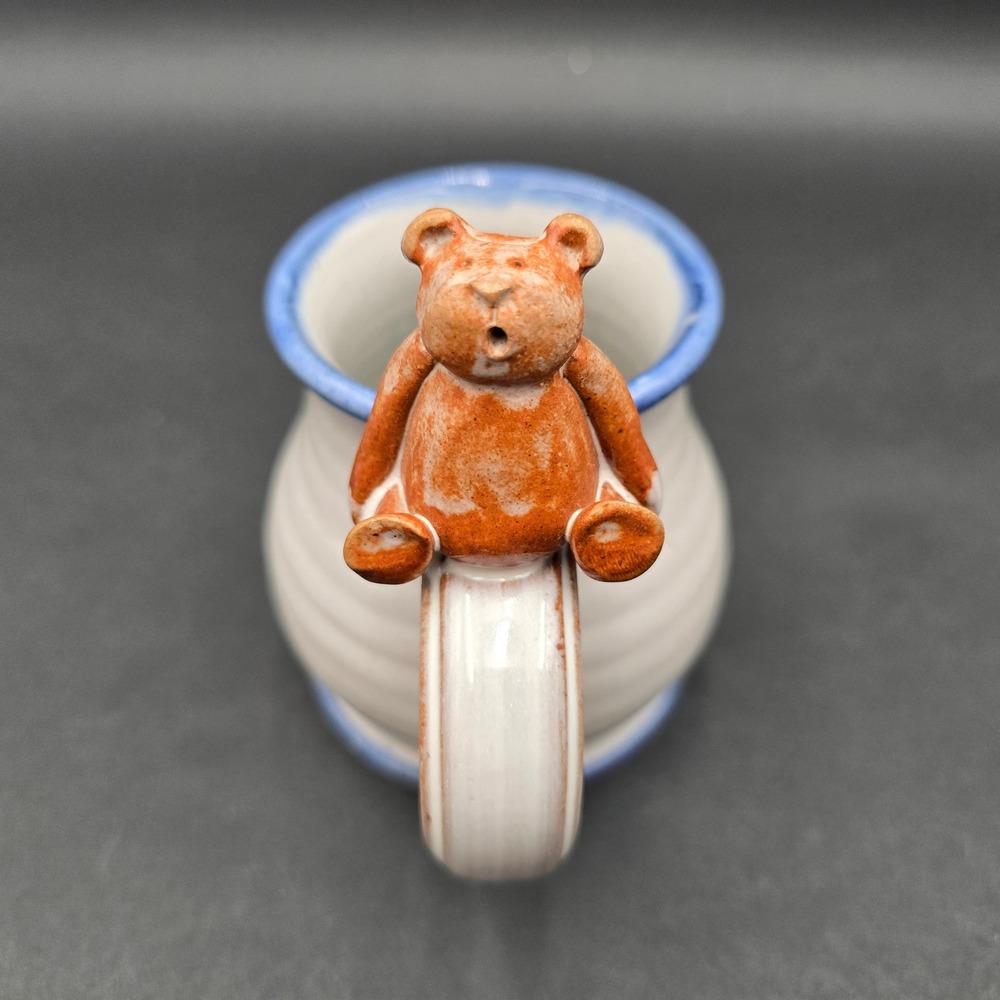 Deneen Pottery Teddy Bear Handle Mug Blue White Studio Stoneware Handthrown